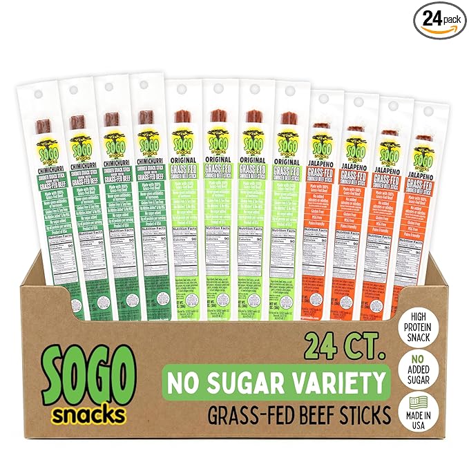 No Sugar Variety 100% Grass-fed/finished Non-GMO Beef Sticks. No Added Nitrates Gluten Soy MSG Dairy or Nuts. Keto Whole &amp Paleo. (8 Original 8 Chimichurri 8 Jalapeno 24-Cnt 1-oz Sticks