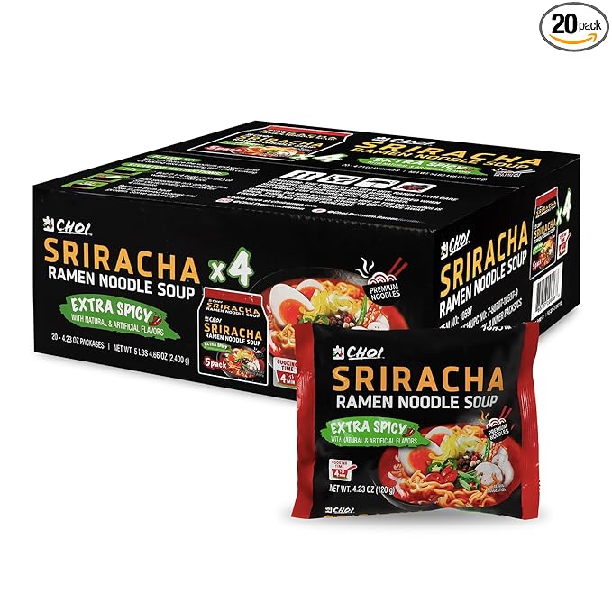 CHOI Sriracha Ramen Noodle Soup Extra Spicy - Pouch 4.23 oz. (120g) Case of 20