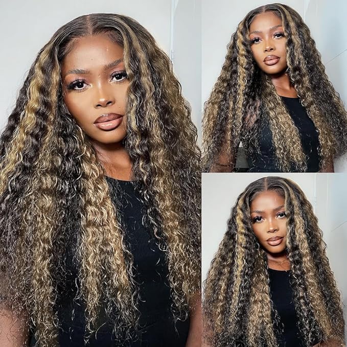 Deep Wave Lace Front Wigs Human Hair Fb/27 250% Density 9x6 Glueless HD Lace Frontal Wigs Human Hair Pre Plucked Ombre Lace Front Wig Balayage Highlight Glueless Wigs for Women 18 Inch
