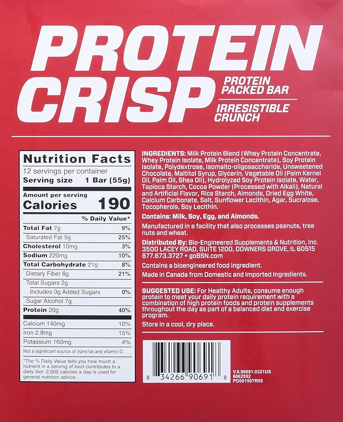 BSN Protein Crisp Chocolate Crunch 12 Bars 1.94 oz (55 g) Each
