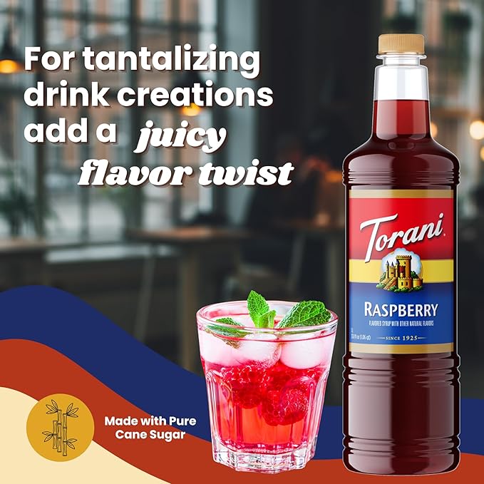 Torani Raspberry Syrup 1 Liter Bottle with Pump – Premium Sweet &amp Tart Berry Flavoring with Pure Cane Sugar for Coffee Lemonade Iced Tea Italian Sodas Cocktails &amp Desserts