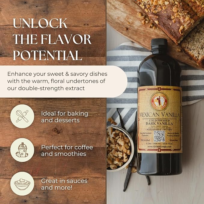 Pure Dark Mexican Vanilla Extract Gluten-Free Vanilla for Baking Cakes Cookies Desserts Coffee &amp Beverages (1 Liter / 33.81 fl oz) – Natural No Coumarin Bold Flavor
