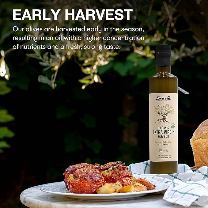 Emirelli Organic Extra Virgin Olive Oil - USDA Certified Rich in Polyphenols First Cold Pressed - Early Harvest Smooth Intense and Delicate Flavor - Glass Bottle 16.9 Fl Oz (Organic Delicate Inte