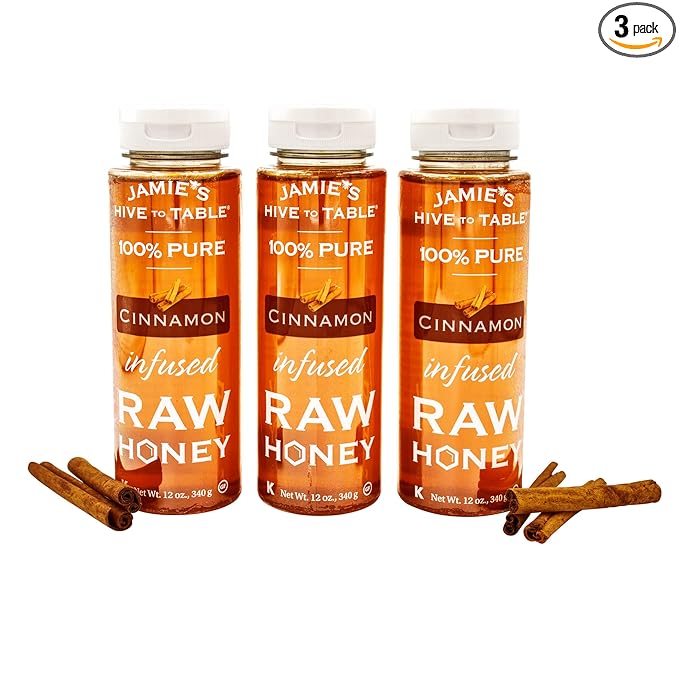 Jamie's Hive to Table- Cinnamon Raw Honey 100% Pure Local Hive Honey Flavored Honey in (3) 12-oz. Honey Squeeze Bottle -Infused Honey Set