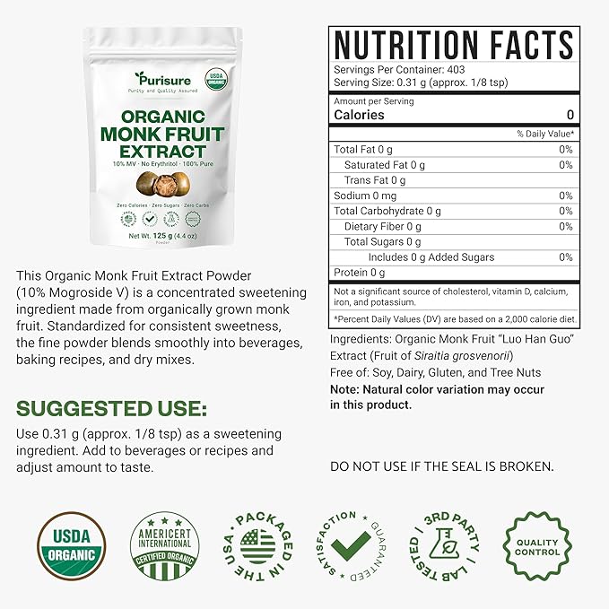 Organic Monk Fruit Extract Powder 125g (4.41oz) No Fillers Pure USDA Organic Monk Fruit Extract Sweetener with No Aftertaste Zero Calorie &amp Zero Carbs Keto &amp Paleo Friendly 403 Servings