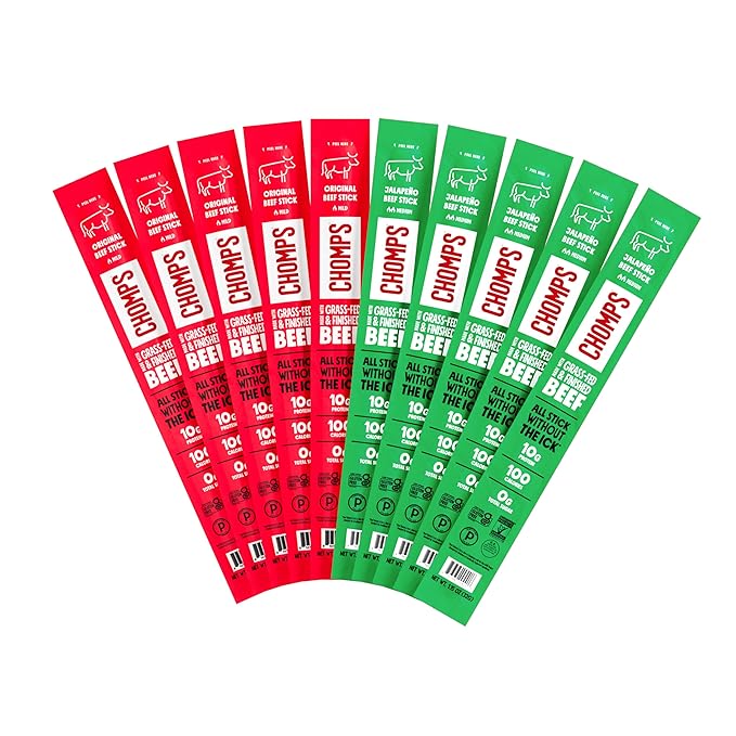 CHOMPS Grass Fed Beef Jerky Sticks Variety Pack 10 Sticks: (5) Original Beef (5) Jalapeno Beef…