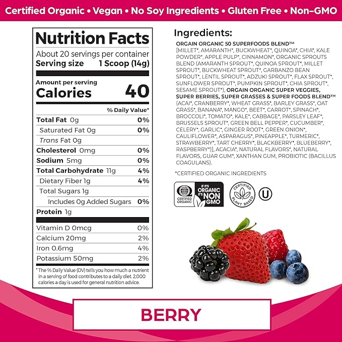 Orgain Organic Protein + Superfoods Powder (Vanilla Bean) and Orgain Organic Greens Powder + 50 Superfoods (Berry)
