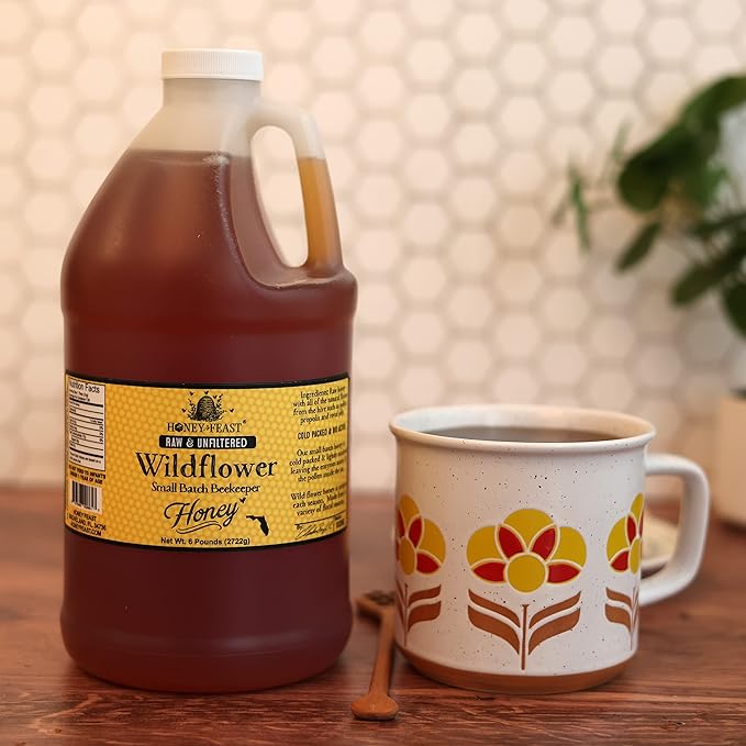HONEY FEAST 6 Pounds (1/2 Gallon) Bulk Wildflower Honey All Natural Unfiltered Unheated Honey Perfect for Sweetening &amp Baking