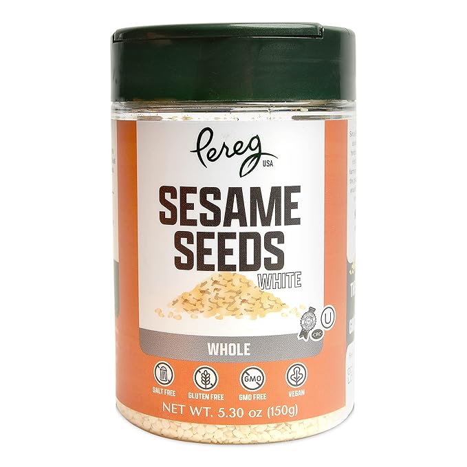 Pereg White Sesame Seeds - (5.3 Oz x 6 Pack) - Rich Dark Color - Unhulled And Raw Sesame Seeds - Crunchy &amp Nutty Flavor - Keto Friendly - Vegan - Non-GMO - Kosher Certified