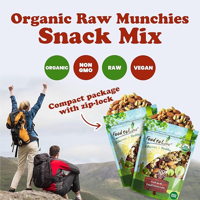 Food to Live - Organic Raw Munchies Snack Mix 1 Pound - Raw and Non-GMO Snack Mix Contains Cacao Nibs Raisins Almonds Cashews Walnuts Goji Berries Mulberries Pumpkin Seeds