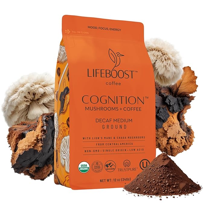 Lifeboost Cognition Decaf Mushroom Coffee - Low Acid Decaf Medium Organic Coffee with Lions Mane &amp Chaga Mushrooms - Increase Energy Boost Focus &amp Immune Support - 12 oz Bag - Ground