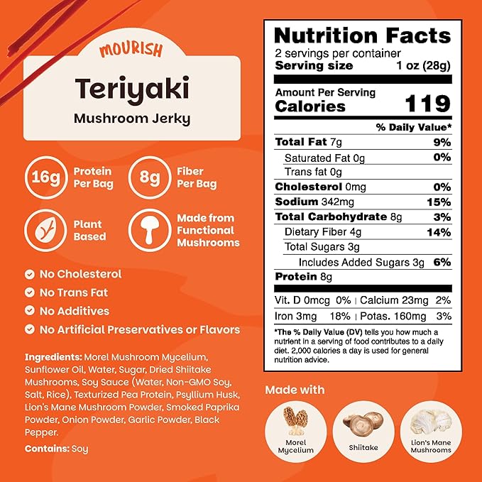 Mourish Vegan Mushroom Jerky Teriyaki Flavor 3 Pack (2 oz) Good Source of Protein and Fiber Plant Based Meat Meatless Healthy Snacks for Hiking Camping Work Travel &amp School