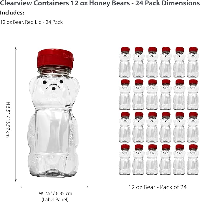 CLEARVIEW CONTAINERS - 12 Ounce Clear Plastic Squeezable Honey Bears with Sealable Flip Top Lids - BPA Free Hand Wash Only (Red 24 Pack)