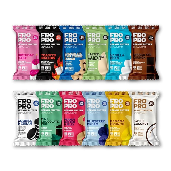 FROPRO Snack Bar - Peanut Butter Snack Bars - Gluten Free Dairy Free Soy Free Non GMO Plant Based Protein Snacks Bar - Crave-worthy &amp Great On-the-Go | Variety 12 Flavors 24 Pack