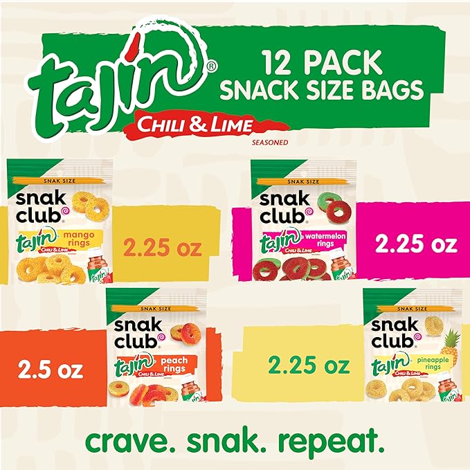 Snak Club Tajin Gummy Candy Fruit Rings Gummies with Chili and Lime Seasoning Mild Spice Gluten-Free and Vegan Snacks Assorted Variety Mango Pineapple Peach Watermelon Snack Size 12 Pack