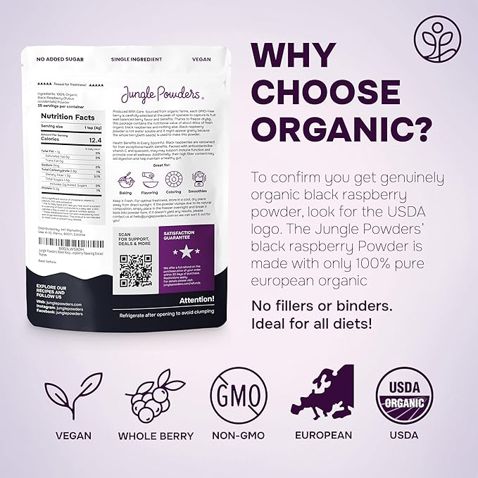 Jungle Powders Organic Black Raspberry Powder 5 Ounce Bag USDA Organic Freeze Dried Raspberries Fruit Whole Berry for Baking Additive Filler Free Superfood Extract Rasberries Smoothies Dehydrated