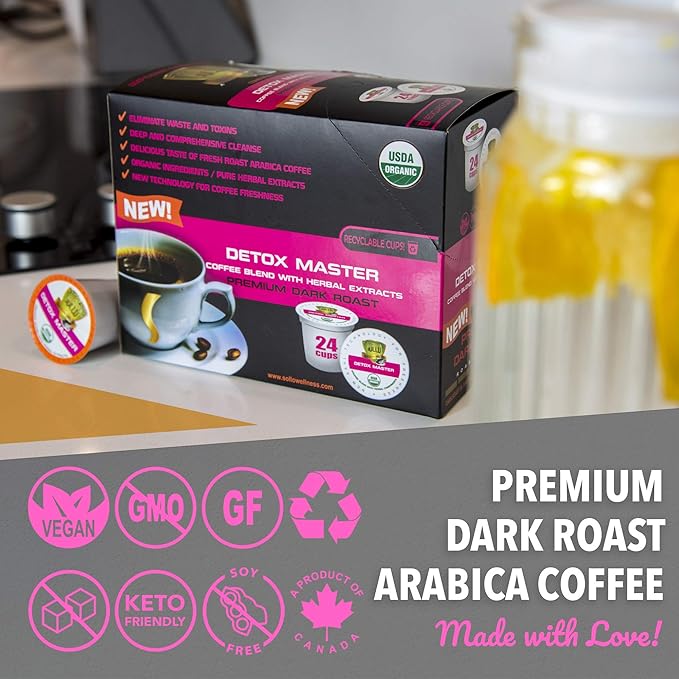 SOLLO Organic Detox Coffee Pods Supports Diet &amp Metabolism with Herbal Extracts Bold Dark Roast Single Serve Pod Compatible with Keurig K-Cup Brewers 24 Ct