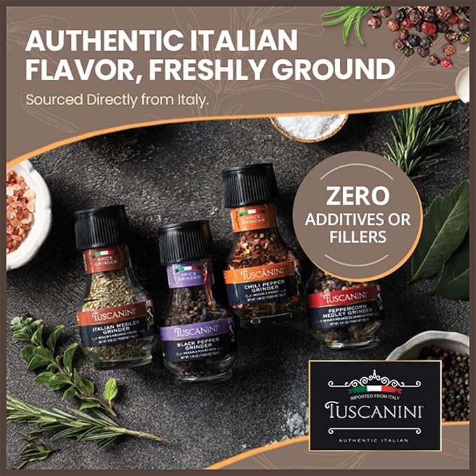 Tuscanini Premium Spice Grinder Variety Pack 6 Pack | Freshly Ground Seasonings | Product of Italy | Black Pepper Peppercorn Italian Medley Chili Flakes Garlic Flakes and Chili &amp Garlic Blen