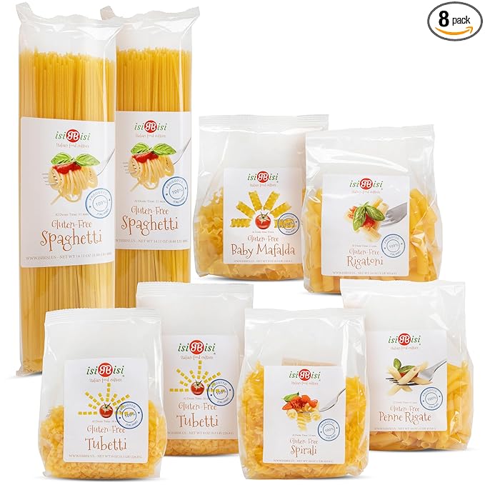 isiBisi Gluten-Free Pasta Sampler 8-Pack - Penne Spaghetti Rigatoni Tubetti Baby Mafalda Spirali Noodles - Non GMO Vegan Made in Italy