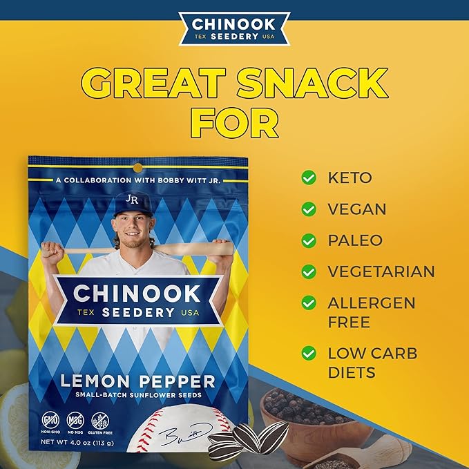 Chinook Seedery Sunflower Seeds to Eat — Jumbo Flavored Roasted Low Sodium Snacks — Keto Friendly Gluten-Free Non-GMO —Lemon Pepper Flavor 4 oz (12-Pack)
