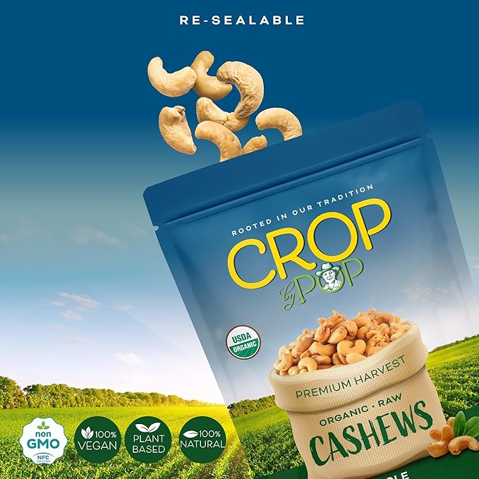 CROP BY POP - Organic Raw Whole Cashews Unsalted Shelled (32 Oz - 2 LB) Packed Fresh in Resealable Bag - USDA Organic Non GMO - Naturally Grown Vegan Kosher