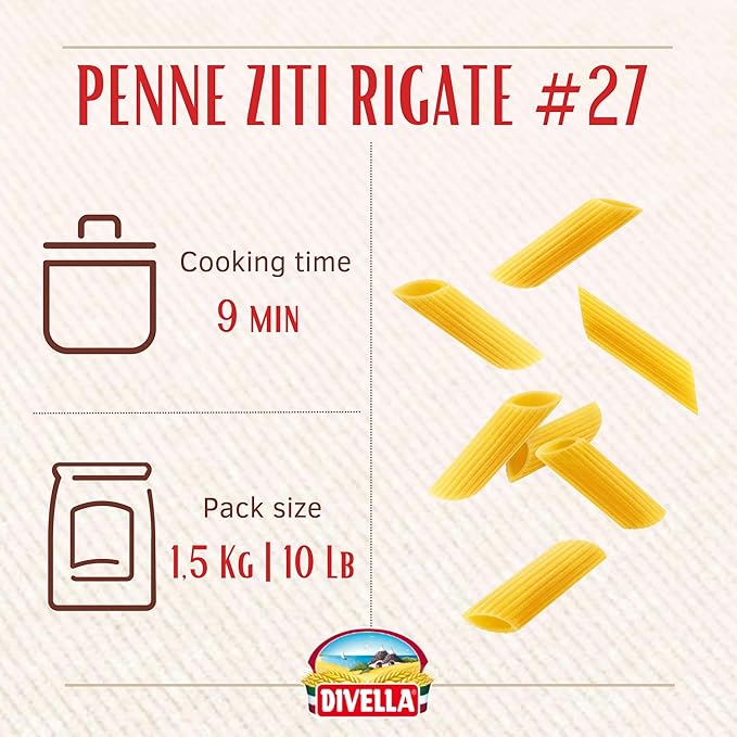 Divella Penne Rigate #27 Bulk 10 lb (Pack of 2) - Authentic Italian Pasta Made with Durum Wheat Semolina Perfect ‘Al Dente’ Texture for Every Dish