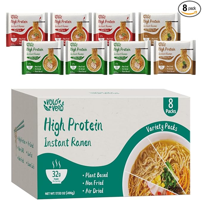 VOLO VERO High Protein (32g) Instant Ramen Variety Packaged Noodles Soup Chicken Spicy Beef Pork Tonkotsu Plant-Based Air-Dried Non-Fried Low Carb Egg-Free Dairy Free Healthy Meal 8 Packs