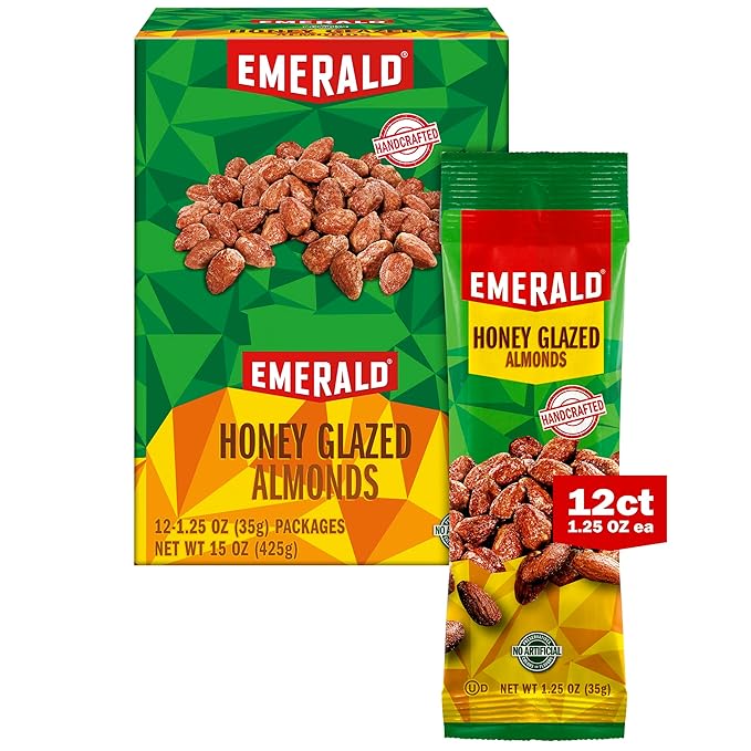 Emerald Nuts Honey Glazed Almonds 12 Ct (1-Pack) | 1.25 Oz Individual Snack Tubes | Kosher Dairy Certified Non-GMO Contains No Artificial Preservatives Flavors or Synthetic Colors