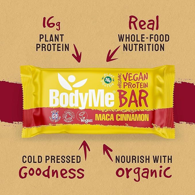 BodyMe Organic Vegan Protein Bar | Raw Maca Cinnamon | Box of 12 x 2.12oz (60g) | with 3 Plant Proteins