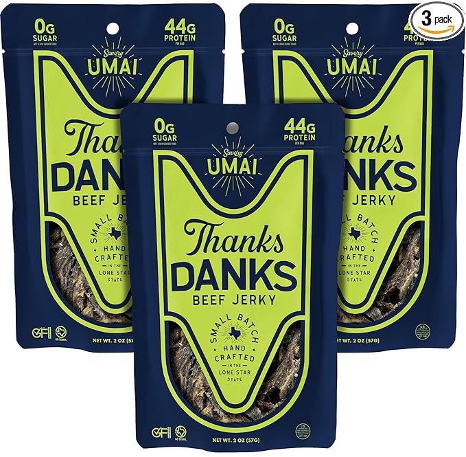 Thanks Danks - Umai - Small Batch Grass-Fed Steak Jerky - Sugar Free Gluten Free Nitrate Free - Guilt-Free Protein Snack - 57g (3 Pack)