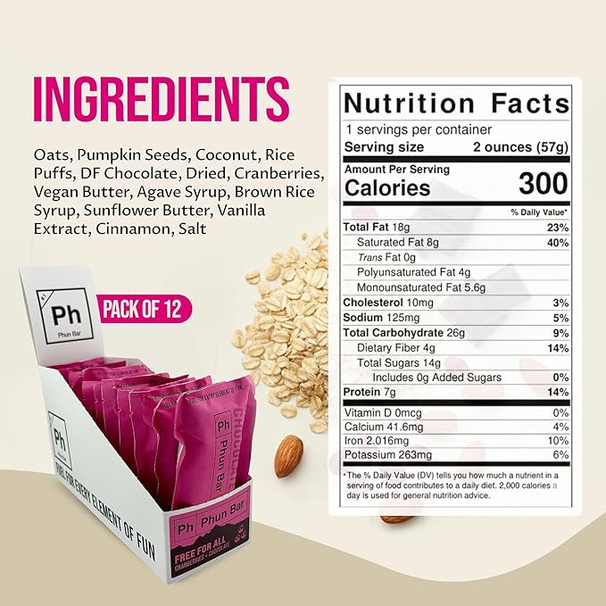 Phun Bar Free For All Energy Bars (Pack of 12) | Cranberries + Chocolate Vegan | Dairy-Free Nut-Free &amp Gluten-Free Sports Energy Bars for Running Training &amp Outdoor Days