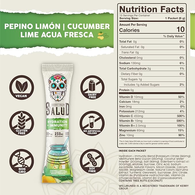 Salud 2-in-1 Hydration Packets + Immunity Electrolytes Powder Cucumber Lime - Agua Fresca Drink Mix Elderberry Dairy &amp Soy Free Non-GMO Gluten Free Vegan Low Calorie 1g Sugar (15 Servings)
