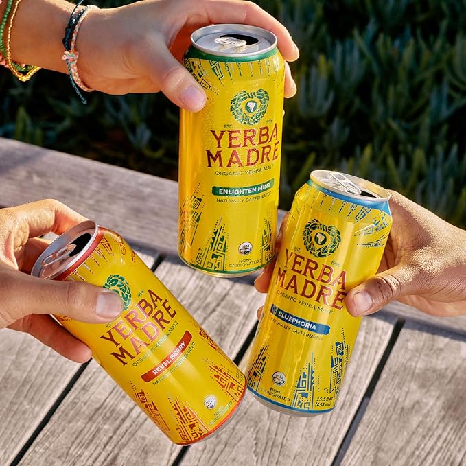 Yerba Madre Organic Yerba Mate Energy Drink Alternative Full-Sugar Variety Pack 150mg Plant Based Caffeine Smooth Energy &amp Focus No Jitters or Crash 15.5oz Cans (Pack of 12)