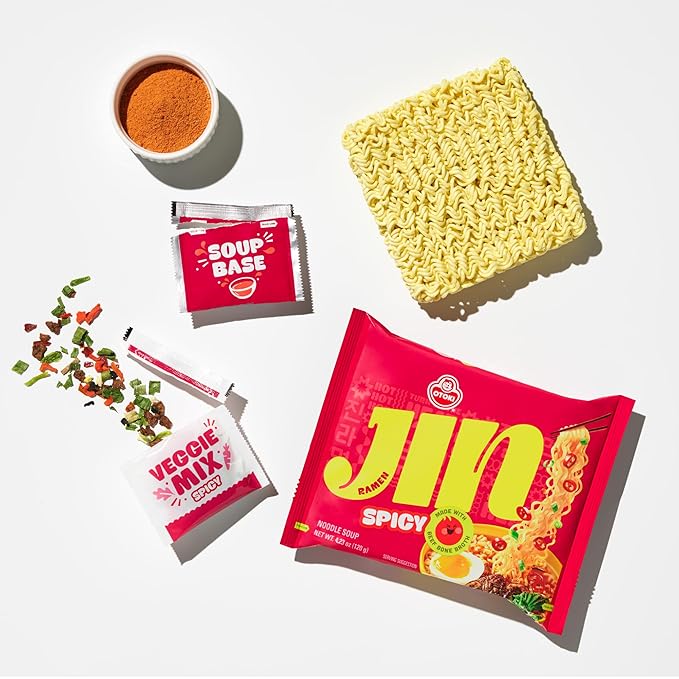 OTOKI Jin Ramen Spicy Korean Instant Ramen 13-Hour Simmered Beef Bone Broth Bold Spicy Flavor Ready in 4 Minutes 4.23 oz (Pack of 8)