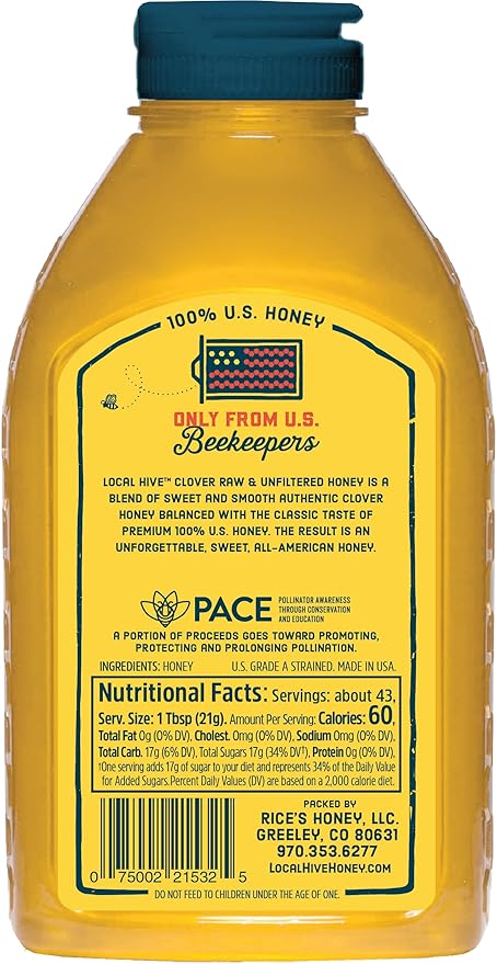 Local Hive Clover Raw &amp Unfiltered – 32 oz | 100% Pure U.S. Honey | Natural Sweetener Sourced from American Bees &amp Beekeepers | Premium Clover Flavor | Ideal for Tea Baking &amp Cooking