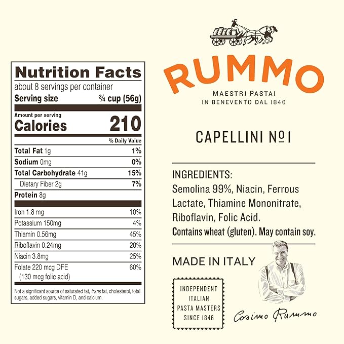 Rummo Angel Hair Pasta N.1 - Capellini Pasta Noodles Dry Pasta Durum Wheat Angel Hair Skinny Pasta Thin Noodles - 16 Ounces (Pack of 20)