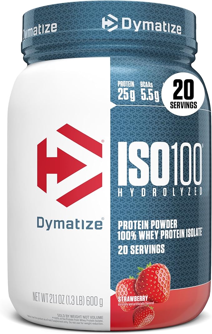 Dymatize ISO100 Whey Protein Powder Isolate Strawberry 25g of Protein 5.5g BCAAs Less Than 120 Cal. Gluten Free 1g Fat 1g Sugar 2g Carb (20 Servings)