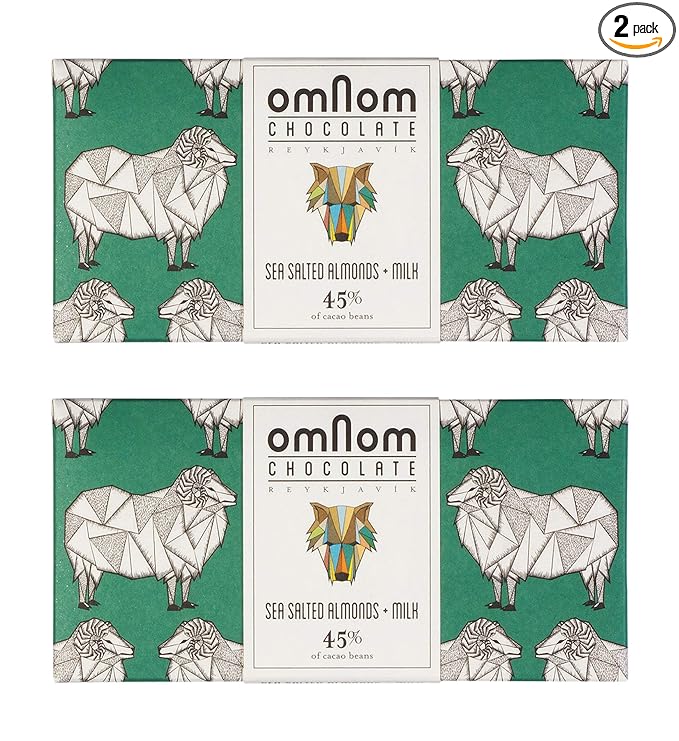 OmNom Sea Salted Almonds + Milk 45% Cacao | Icelandic Bean To Bar Chocolate by OMNOM CHOCOLATE REYKJAVIK | 2 x 60g Bar