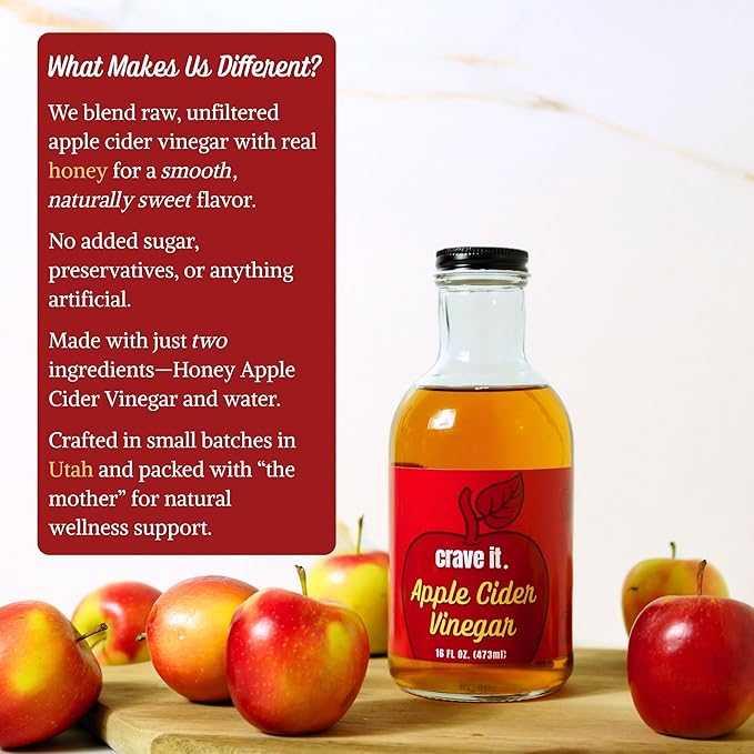 Crave It. Apple Cider Vinegar with Mother - Gut Health &amp Digestion - Made with Utah Honey - 16oz - 2pk