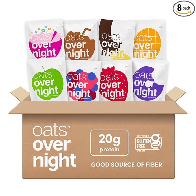 Oats Overnight Fruit Variety Pack - High Protein High Fiber Breakfast Protein Shake - Gluten Free Oatmeal Non GMO High Protein Oatmeal - Fruity Cereal Chocolate Covered Banana &amp More (8 Pack)