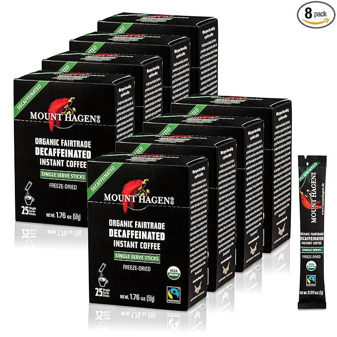 Mount Hagen 25 Count Single Serve Instant Decaf Coffee Packets - 8 pack | Decaffeinated Organic Medium Roast Arabica Beans | Eco-friendly Fair-Trade [8 x 25 sticks/1.76oz/50g] Pack of 8