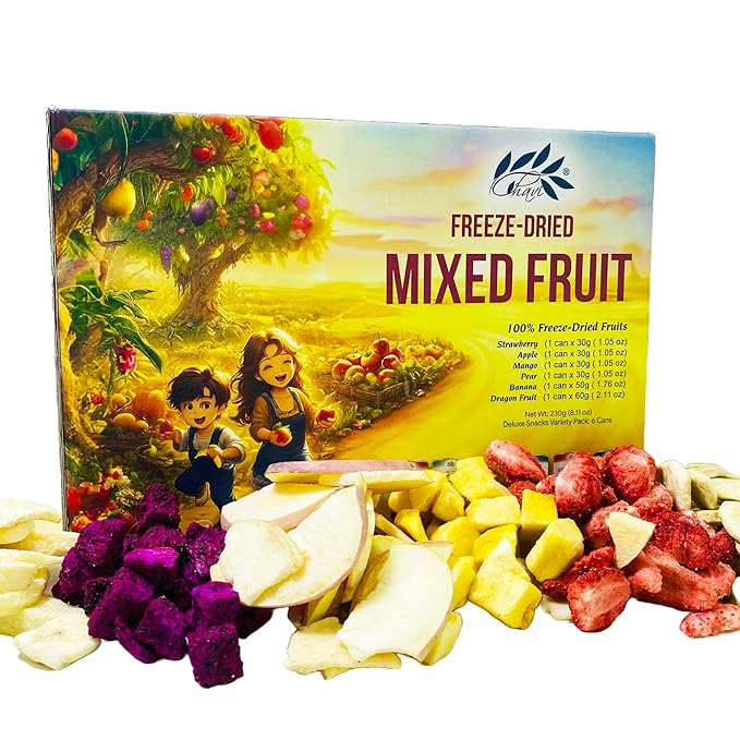 CHAVI Freeze Dried Fruits - Mixed | 6 in 1 | No Added Sugars or Preservatives - Non-GMO Vegan Gluten-Free | Gift Box | 230 g | 8.1 oz | 6 Cans