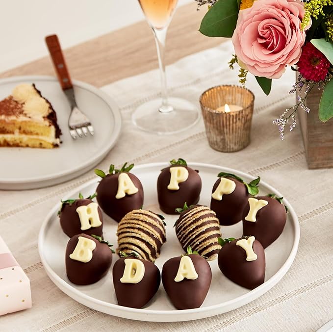 Shari’s Berries Happy Birthday Belgian Chocolate Covered Strawberries | Premium Birthday Gift Box (Full Dozen 12 Berries)