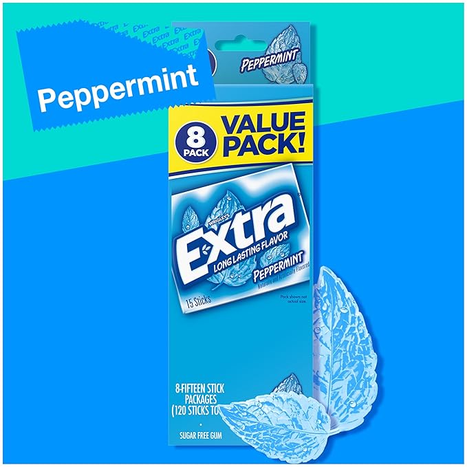 EXTRA Gum Peppermint Sugar-Free Chewing Gum Bulk 8 Ct Box Pack of 6 (48 Count)