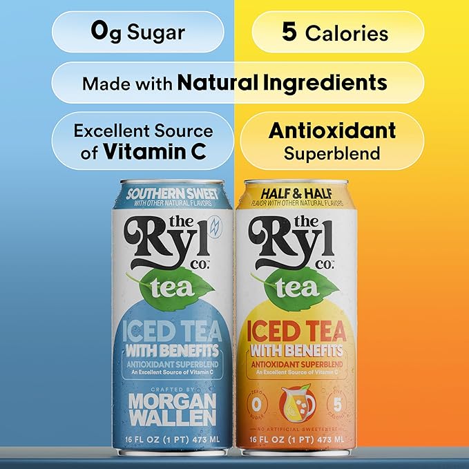 Ryl Iced Tea Front Porch Pack Sweet Tea and Half N' Half – Antioxidant Superblend No Artificial Ingredients Zero Sugar Five Calories Low Carb Non-GMO Made in the USA 12-Pack 16 Fl Oz