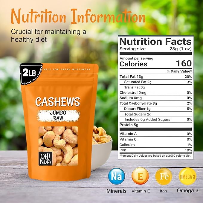 Oh! Nuts Raw Whole Unsalted Cashews - Raw - 100% Natural - 2 lb - Jumbo Cashews - Packed in New York Zip-Seal Bag for Exceptional Freshness