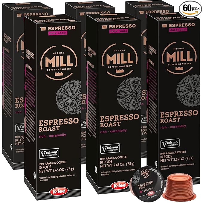 Mr &amp Mrs Mill Dark Roast Espresso Pods – K-fee® &amp Starbucks Verismo* Compatible Coffee Capsules | 60 Count (6 Boxes x 10 Pods) | 100% Arabica | Bold Full-Bodied | Single-Serve Espresso
