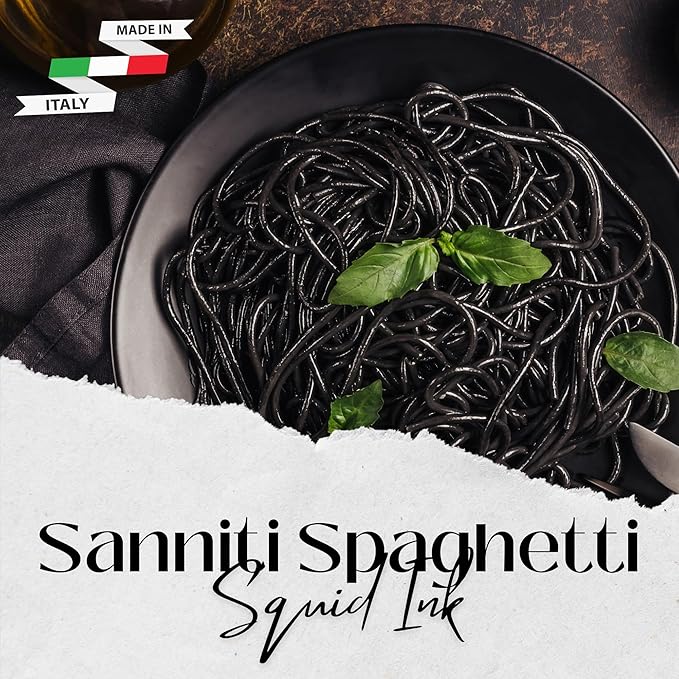 Sanniti Nero di Seppia Spaghetti 500g | Premium Italian Squid Ink Pasta | Rich Gourmet Flavor | Crafted in Italy (Pack of 4)