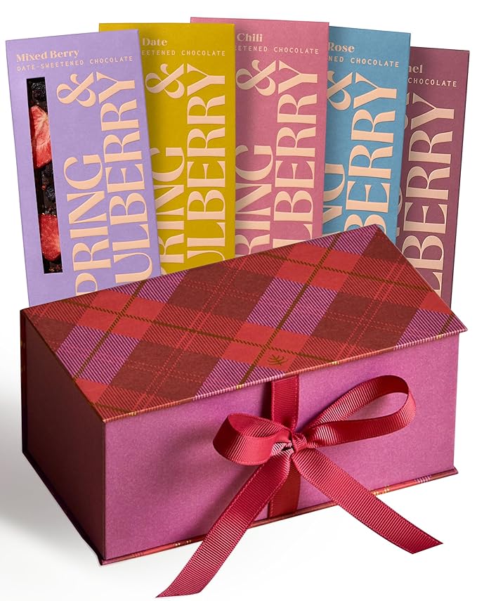 Spring &amp Mulberry Healthy Dark Chocolate Bars Sugar Free - Date Sweetened Chocolate Gift Box - Healthy Bars Gluten Free &amp Vegan - Embellished with Fruits &amp Florals Holiday Chocolates Gift