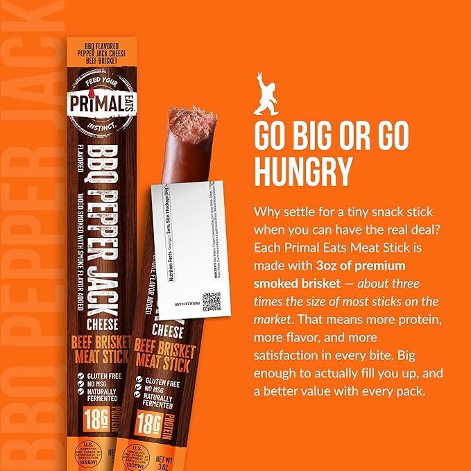 Primal Eats BBQ Pepper Jack Beef Brisket Meat Sticks 3oz 10-Pack - 18g Lean Meat Protein Keto Paleo Carnivore Gluten Free Beef Jerky Snack Stick